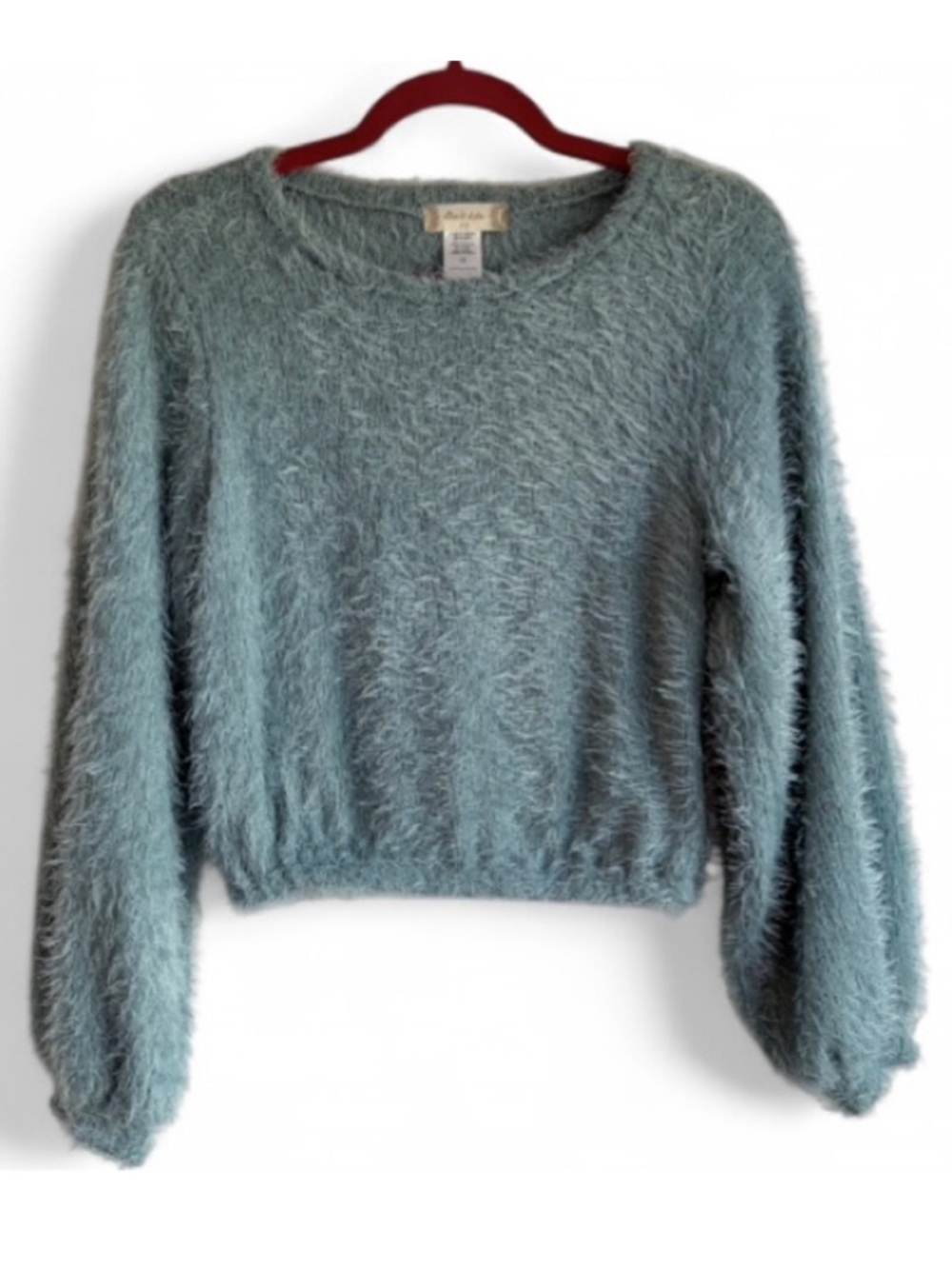 Altar'd State Green Soft Fuzzy Balloon Sleeve Crop Sweater Size XS